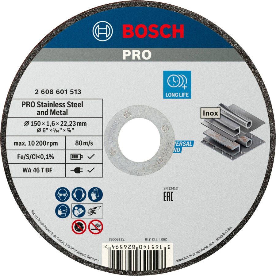 Bosch Accessoires PRO Stainless Steel and Metal Bonded Cutting Disc | 150 x 1.6 x 22.23 mm | Straight 2608601513