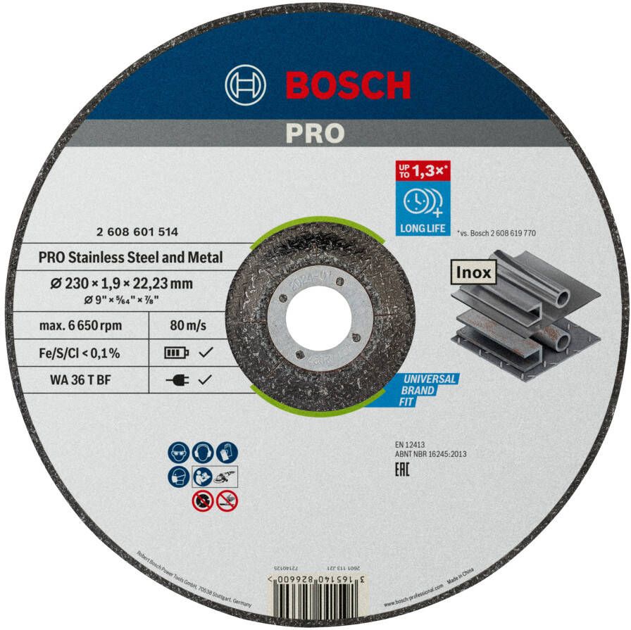 Bosch Accessoires PRO Stainless Steel and Metal Bonded Cutting Disc | 230 x 1.9 x 22.23 mm | With Depressed Centre 2608601514