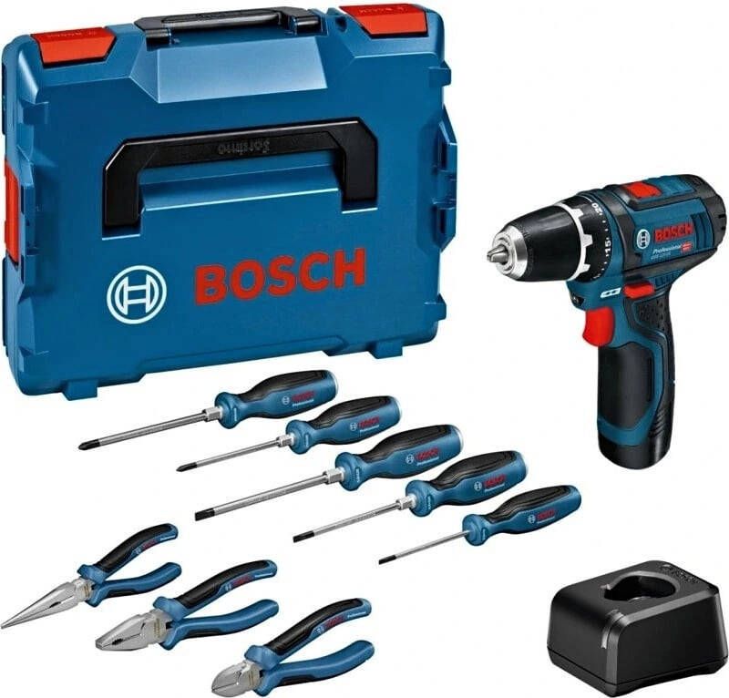 Bosch Blauw Accutoolkit Combipack GSR 12V-15 + Handtools (8x) | 2x GBA 12V 2 0Ah + GAL 12V-20 060186810R