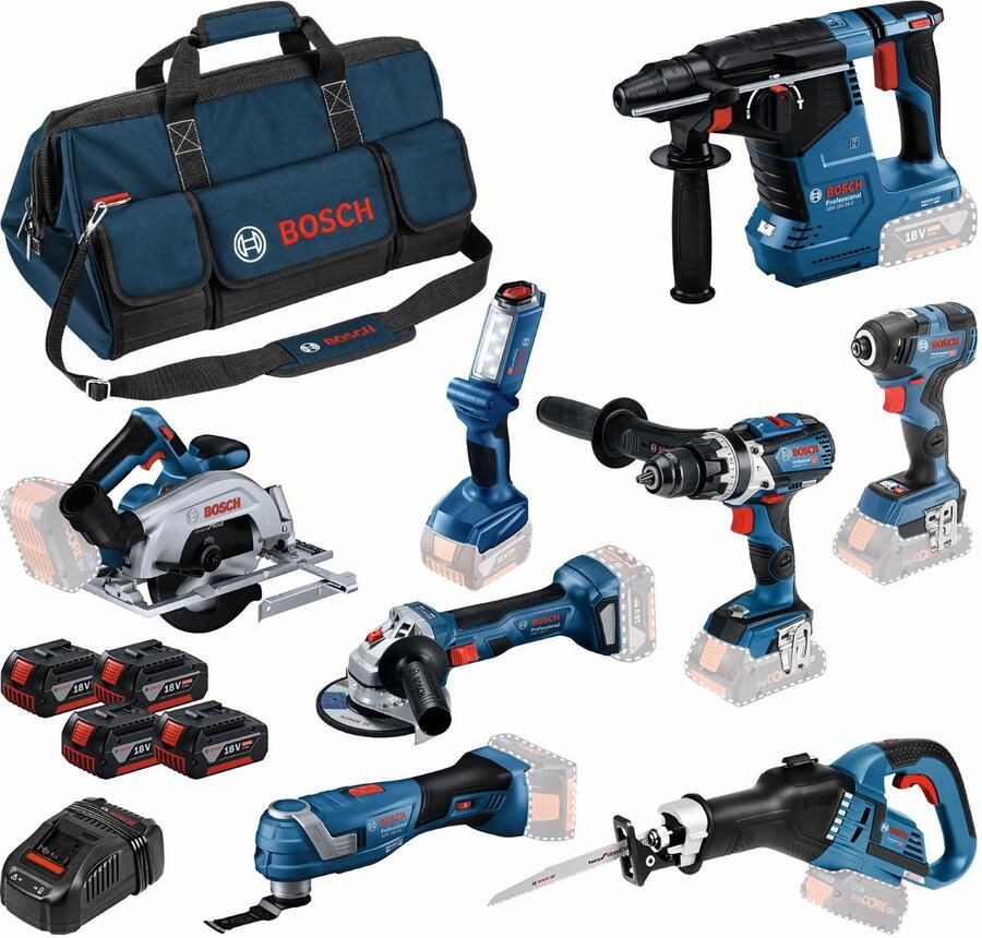 Bosch Blauw 0615A5004A | Accu combiset 18V 8 machines in tas (4x 5.0Ah accu + lader) 0615A5004A