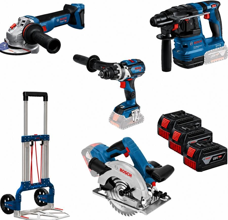 Bosch Blauw Accutoolkit 4 TOOLKIT 18V GSR 18V-110 C + GBH 18V-22 + GWS 18V-11 + GKS 18V-57 G | Alu Caddy + 3x 5.0Ah + GAL 12V 18V-80 0615A500HB