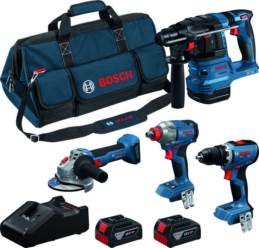 Bosch Blauw Accutoolkit 4-toolkit 18V (GSR18V-65 GDX18V-285 GWS18V-8 GBH18V-22 2x GBA18V5 0Ah lader GAL18V-40) 0615A500BK