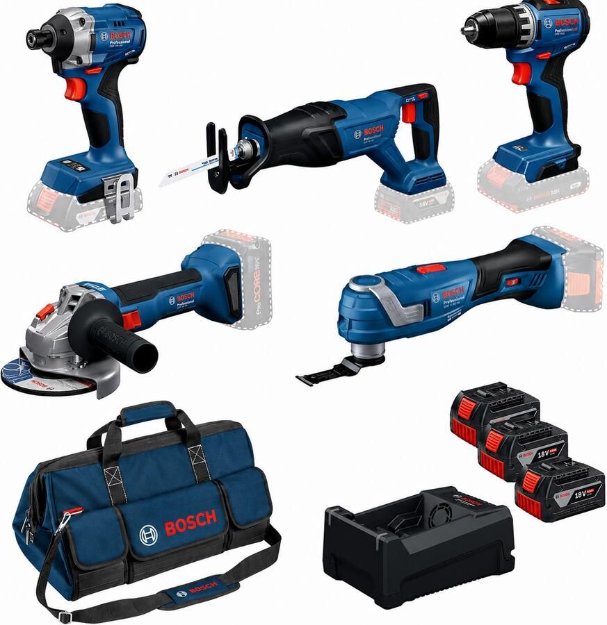 Bosch Blauw Accutoolkit 5 TOOLKIT 18V GSR 18V-52 + GDR 18V-215 + GWS 18V-8 + GOP 18V-34 + GSA 18V-280 | Toolbag + 3x 5.0Ah + GAL 12V 18V-80
