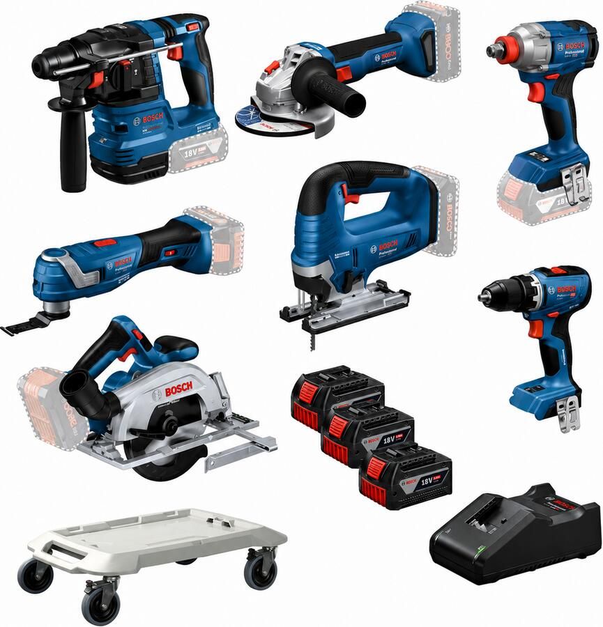 Bosch Blauw Accutoolkit 7 TOOLKIT 18V GSR 18V-65 + GBH 18V-22 + GWS 18V-8 + GDX 18V-285 + GKS 18V-57-2 + GOP 18V-34 + GST 18V-125 B | 3x 5.0Ah + GAL