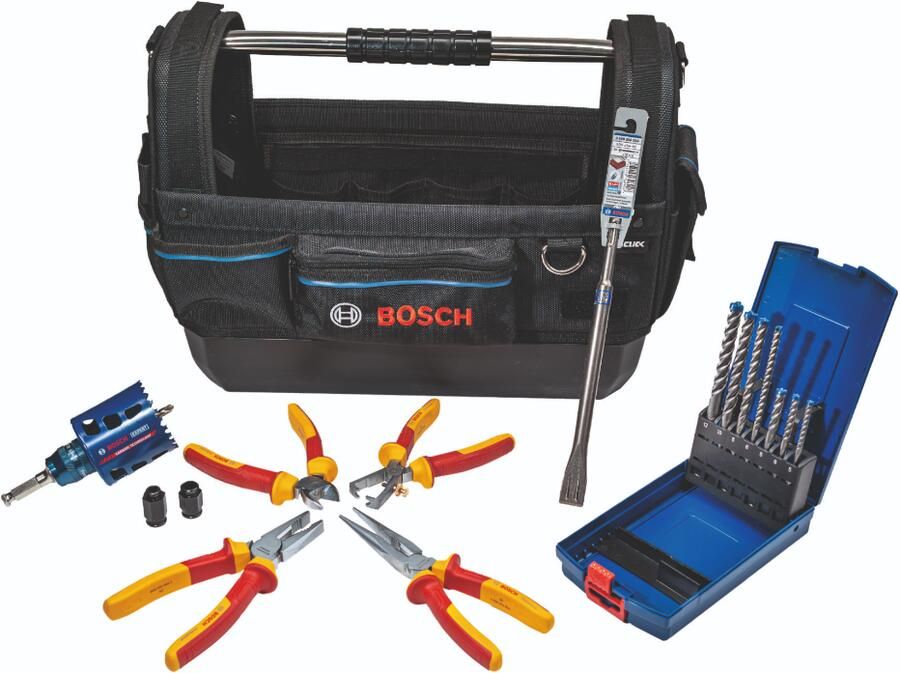 Bosch Blauw Bosch Accessoires Electrician Kit met VDE Tangenset SDS-Plus Borenset Beitel Gatzaag 68mm in Gereedschapstas 061599768F