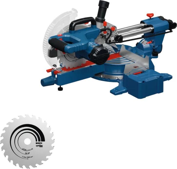 Bosch Blauw GCM 305-216S Afkortzaag -Kap- en verstekzaag 216mm (2x Zaagblad klem stofzak liniaal 2x werkstukssteun) 0601B61001