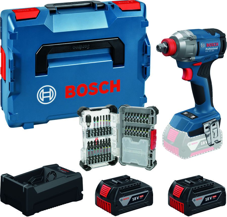 Bosch Blauw GDX18V-285 Accu slagschroevendraaier slagmoeraanzetter (2x GBA18V5 0Ah lader GAL12V 18V-80 31-delige bitset) 0615A500DY