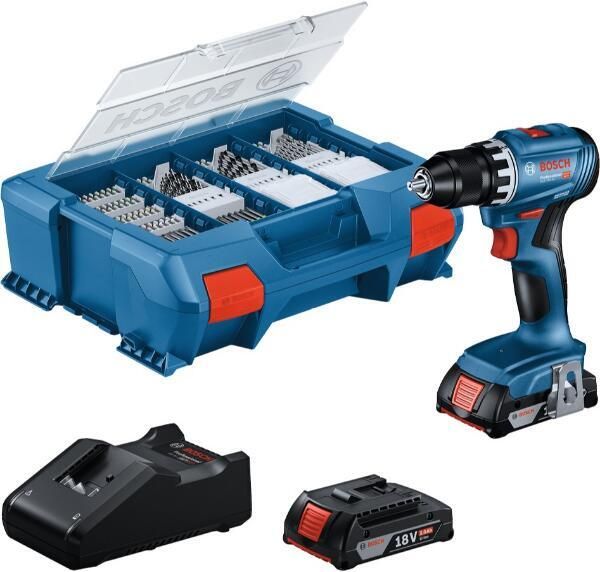 Bosch Blauw GSB 18V-45 Accu klopboorschroefmachine 18V | 2x GBA 18V 2 0Ah + GAL 18V-40 + 63-delige Pick&Click set | In L-Case 0615A5007G
