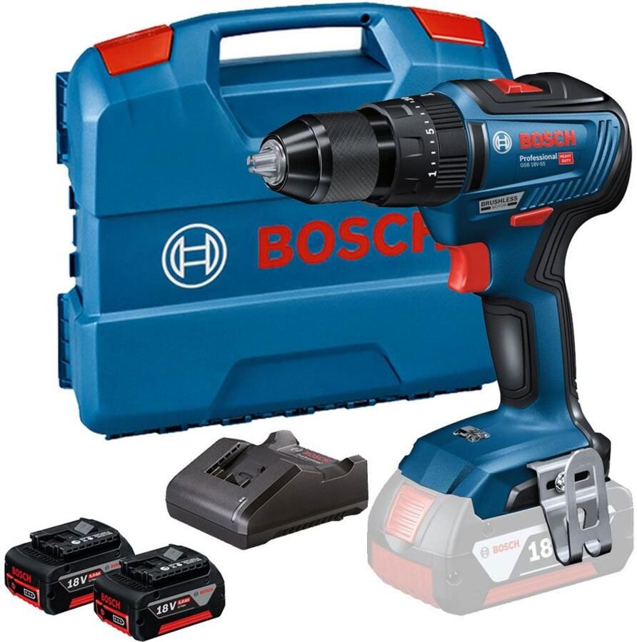 Bosch Blauw GSB 18V-55 Accu klopboormachine | 2 x 5 0 Ah accu + Snellader | In L-Case 0615990M5W