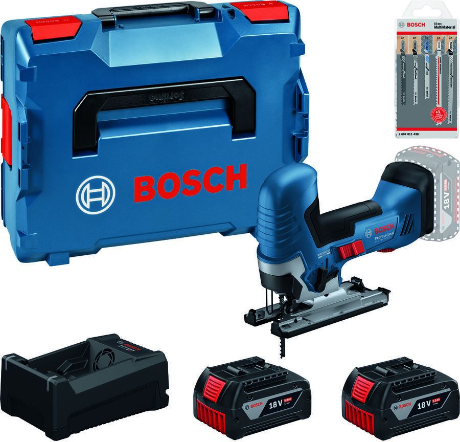 Bosch Blauw GST 18V-125 S Accu decoupeerzaag (2x GBA18V5 0Ah lader GAL12V 18V-80 15-delige decoupeerzaagbladenset) 0615A500E5