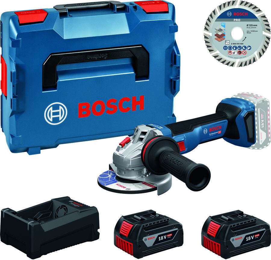 Bosch Blauw GWS18V-11S Accu haakse slijper (2x GBA18V5 0Ah lader GAL12V 18V-80 diamantschijf) 0615A500E6