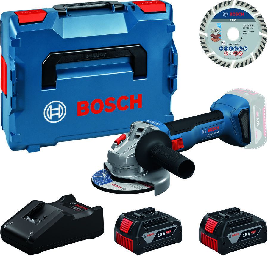 Bosch Blauw GWS18V-8 Accu haakse slijper (2x GBA18V4 0Ah lader GAL18V-40 diamantschijf) 0615A500E7