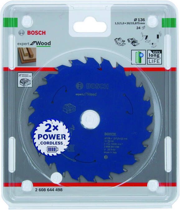 Bosch Expert for Wood cirkelzaagblad voor accuzagen 136x1 5 1x20 T24 1 stuk(s) 2608644498