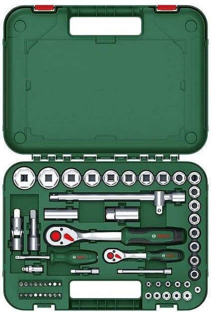 Bosch Groen 1 4" + 1 2" Ratchet set 56-piece (1 4" ratel 1 2" ratel 29x dop 7x verlengstuk of adapters 18x bit) 1600A02Z9G