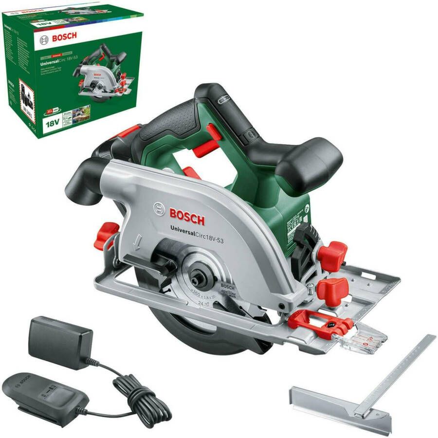 Bosch Groen Accucirkelzaag UniversalCirc 18V-53 | Zaagblad 160 mm Optiline 24 t | Incl. 1-uurslader AL 18V-20 en 1 x 2 5 Ah accu 06033B1402