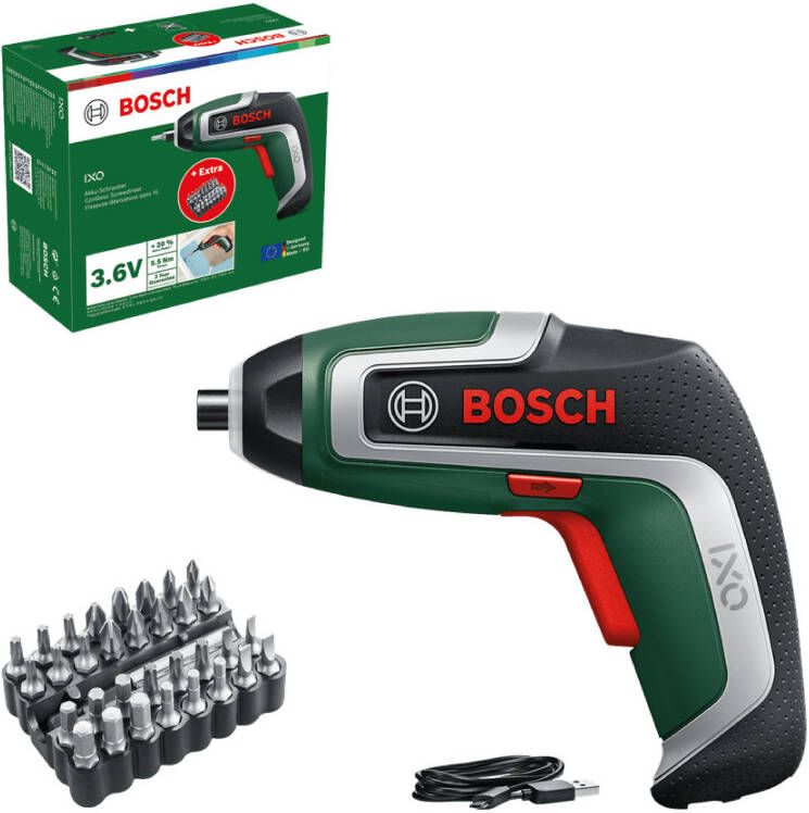 Bosch Groen Accuschroevendraaier IXO 7 Bit Set (Geïntegreerde accu 3 6V 2 0 Ah Micro-USB-oplaadkabel magnetische bithouder 32-delige bit set)