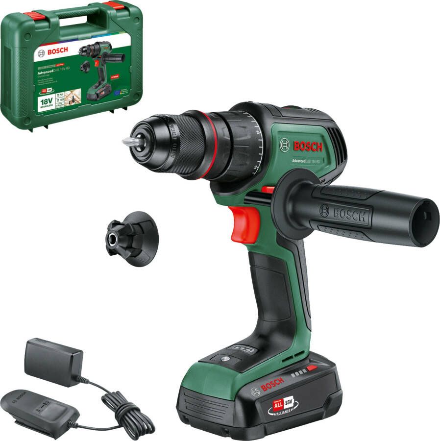 Bosch Groen AdvancedDrill 18V-80 QuickSnap Accuschroefboormachine | 1-uurslader (AL 18V-20) en 1x 18 V Li-Ion accu (2 5 Ah)) 06039E2001