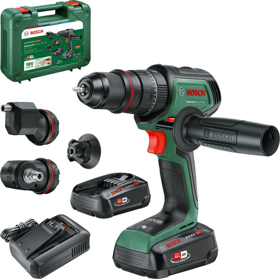 Bosch Groen AdvancedImpact 18V-80 QuickSnap | Accu Klopboormachine | 82 Nm | Incl. accessoires | 2x 18 V Li-Ion accu&apos;s (2 5 Ah) + oplader | In koffer