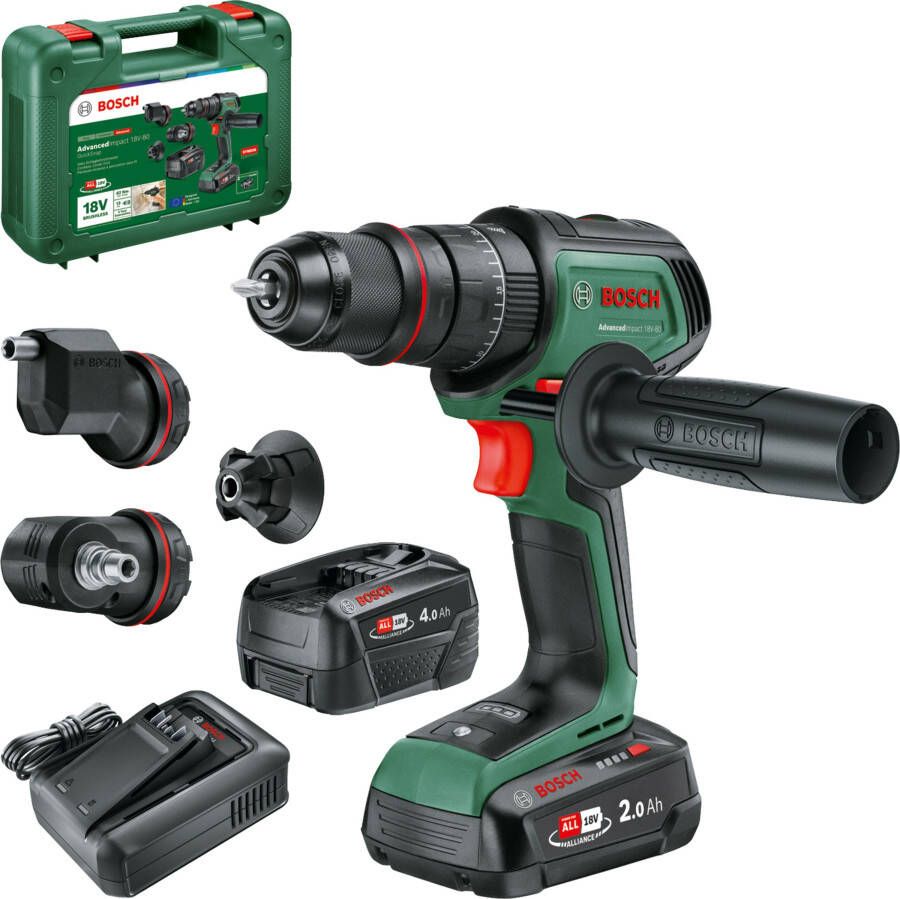 Bosch Groen AdvancedImpact 18V-80 QuickSnap | Accu Klopboormachine | 82 Nm | Incl. accessoires | 2x 18 V Li-Ion accu&apos;s (2 5 Ah & 4.0 Ah) + oplader |