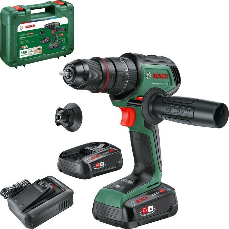 Bosch Groen AdvancedImpact 18V-80 QuickSnap | Accu Klopboormachine | 82 Nm | Incl. accessoires | 2x 18 V Li-Ion accu&apos;s (2 5 Ah) + oplader | In koffer