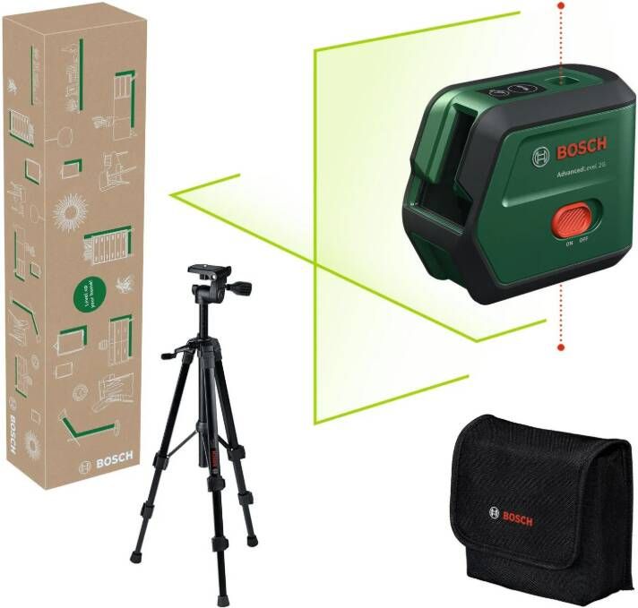 Bosch Groen AdvancedLevel 2G Set Kruislijnlaser | Geïntegreerde Li-ion batterij + Opbergetui + Statief 1 2 m 0603663GZ1