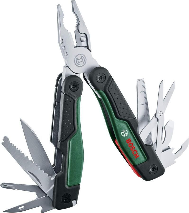 Bosch Groen 16-in-1 multitool (16-in-1 multitool (punttang nijptang draadschaar 2x schroevendraaier (SL4 6 PH) metrisch liniaal mes zaag vijl
