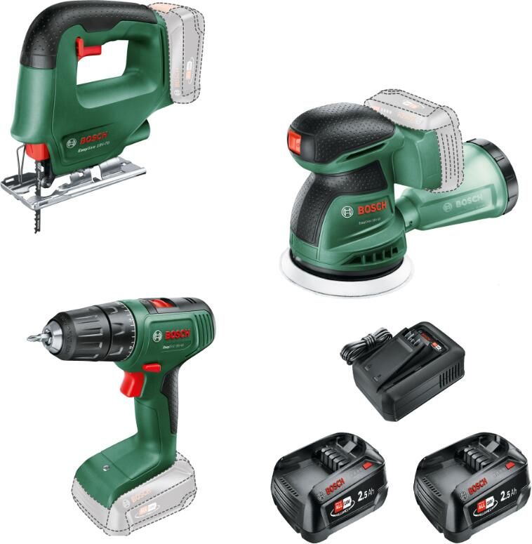 Bosch Groen Accutoolkit Combipack EasyDrill 18V-40 + EasySaw 18V-70 + EasyOrbit 18V-10 | Inclusief 2x 18V 2 5 Ah + Lader |In Tas 0615A500A9