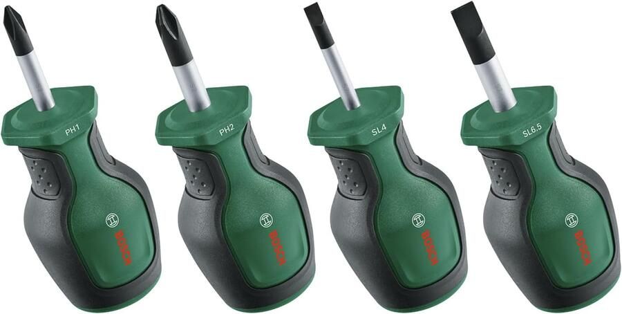 Bosch Groen Stubby screwdriver set 4-piece (Schroevendraaierset kort 28mm 4 stuks: PH1 PH2 SL4 SL5 5) 1600A032UJ