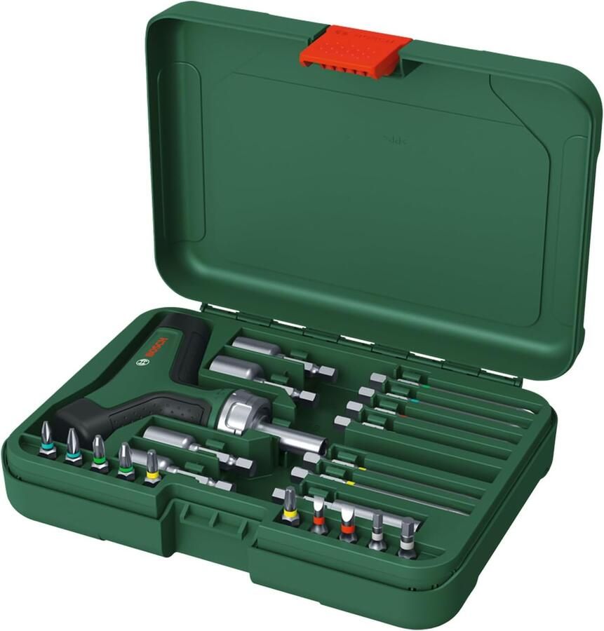 Bosch Groen T-handle ratchet screwdriver set 22-piece (T-greep ratel bitschroevendraaier 22x bit (6x lange bits (75 mm): PH2 PZ2 SL5 TX15 20 25