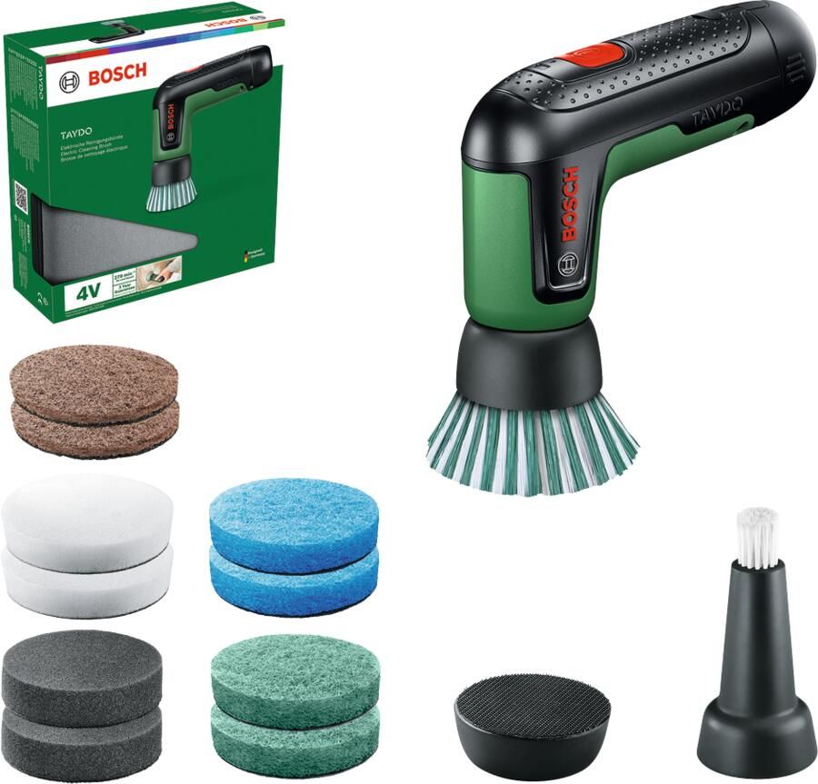Bosch Groen TAYDO 4V Accureinigingsborstel (1x 4V 2 0 Ah accu 1x tas 1x detailborstel 1x houder 2x Heavy Duty schuurpad 2x microvezelpad 2x