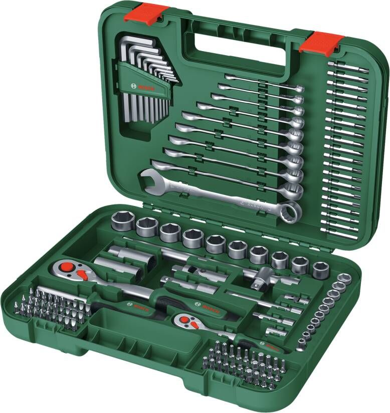 Bosch Groen Fastening set 132-piece (1 2" ratel 1 4" ratel universele bitschroevendraaier Torx sleutelset 10 stuks 10x steek ringsleutel 20x bit