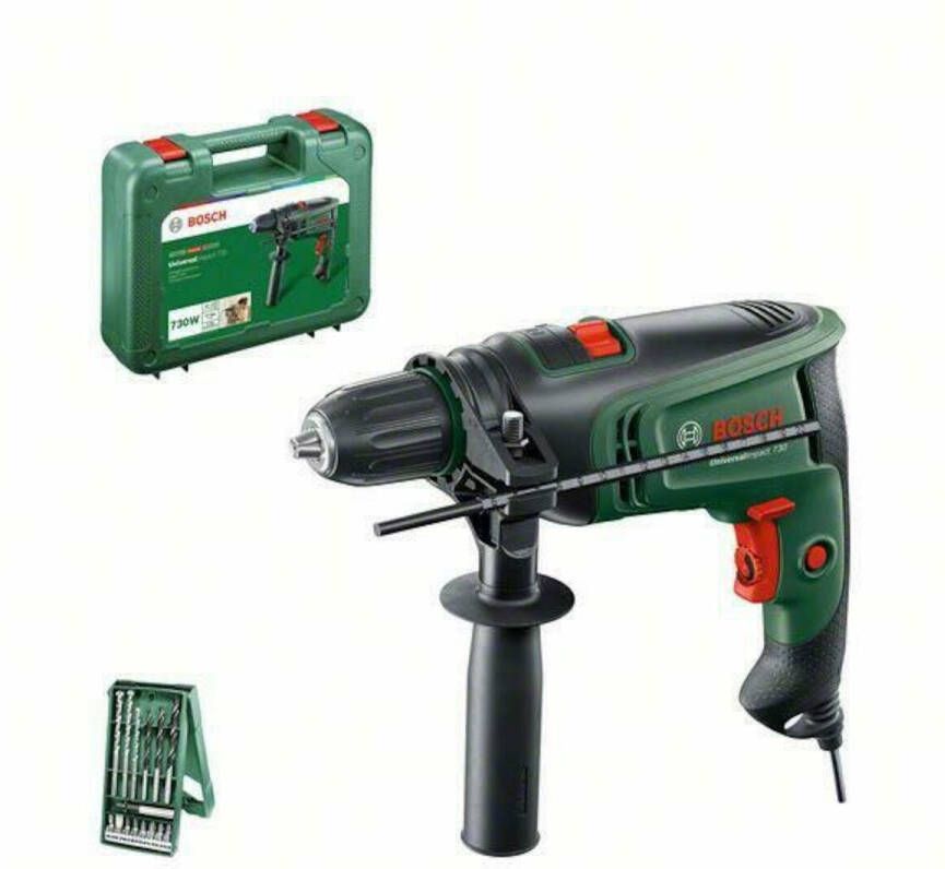 Bosch Groen Klopboormachine UniversalImpact 730 | Incl. Dieptestop additionele handgreep en 15-delige X-Line set 0603313402