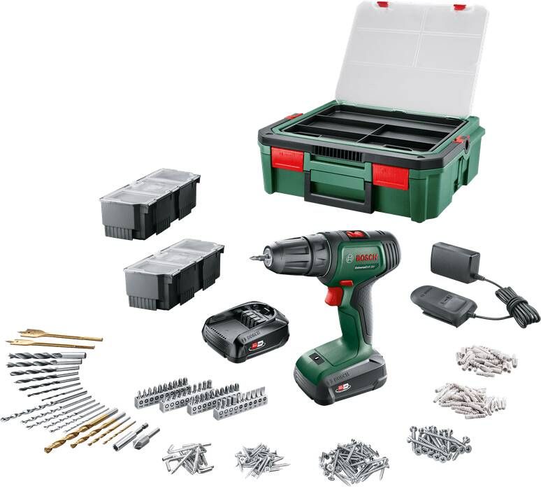 Bosch Groen Universal Drill 18V | Accuschroefboormachine | 2 x 1.5 Ah accu + lader | Incl. accessoires + SystemBox