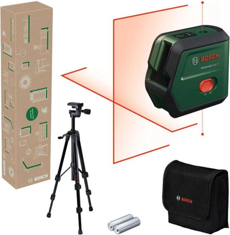 Bosch Groen UniversalLevel 2 Set Kruislijnlaser | 2x Alkaline LR06 AA + Statief 1 2 m + Opbergetui 0603663FZ1