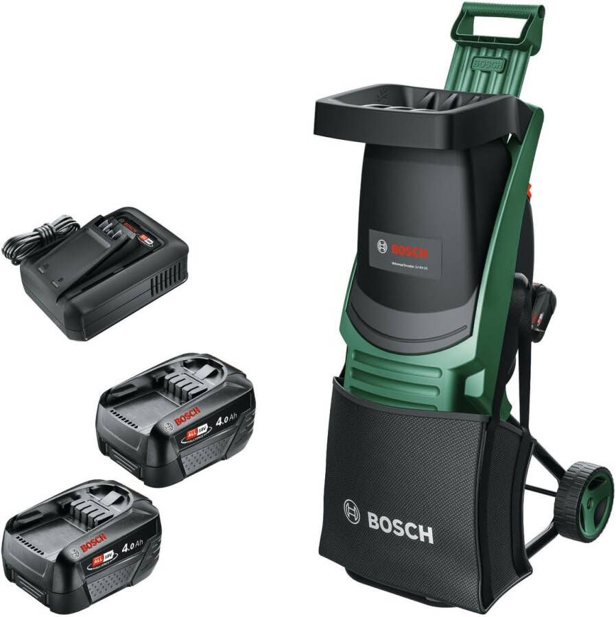Bosch Groen UniversalShredder Fluisterhakselaar 2x18V-25 | 2x PBA 18V 4.0 Ah Accu + 1x Snellader AL 18V-44 + 1x 28L Opvangzak 06008E0000