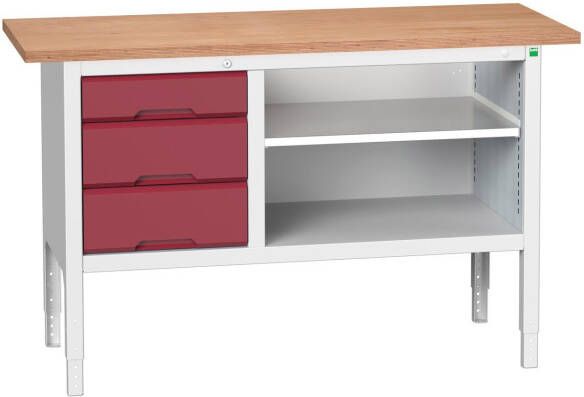 Bott Verso Verstelbare Werkbank | 1500x600x830-930mm | 3 Laden | 1 Schap | Multiplex | RAL 3004 16923012.24