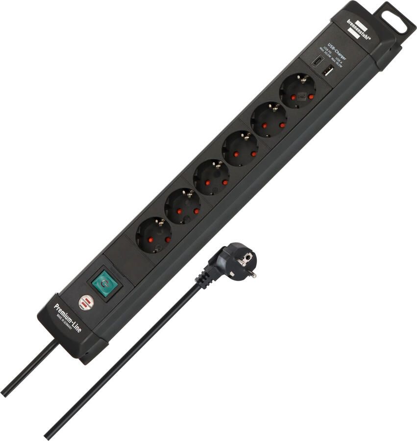 Brennenstuhl Premium-Line contactdoosstrip 6-voudig met USB C PD en USB A | 3m | zwart | H05VV-F 3G1 5 | 30W | 18W 1951160608