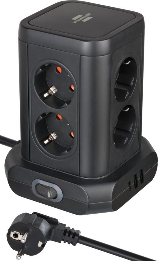 Brennenstuhl Stekkertoren 8-weg met 2x USB A 1x USB C Power Delivery | 2m | zwart | H05VV-F 3G1 5 1153560010