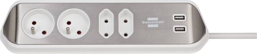 Brennenstuhl Estilo Corner Socket Strip With Usb Charging Function 4-Way 2X Earthed Socket & 2X Euro Silver White *Be* 1153594420