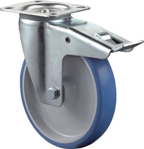 BS Rollen Zwenkwiel | wiel d. 100 mm draagvermogen 125 kg | met totale rem van polyurethaan | 104x80 mm blauw | 1 stuk L420.B36.100