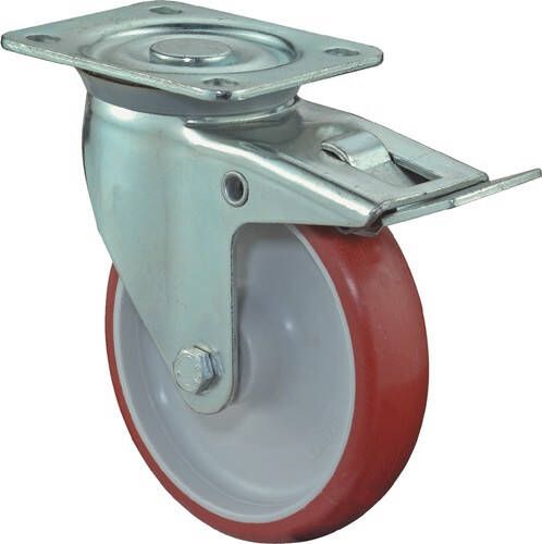 BS Rollen Zwenkwiel | wiel d. 100 mm draagvermogen 125 kg | met totale rem van polyurethaan | 104x80 mm rood | 1 stuk L420.B31.100