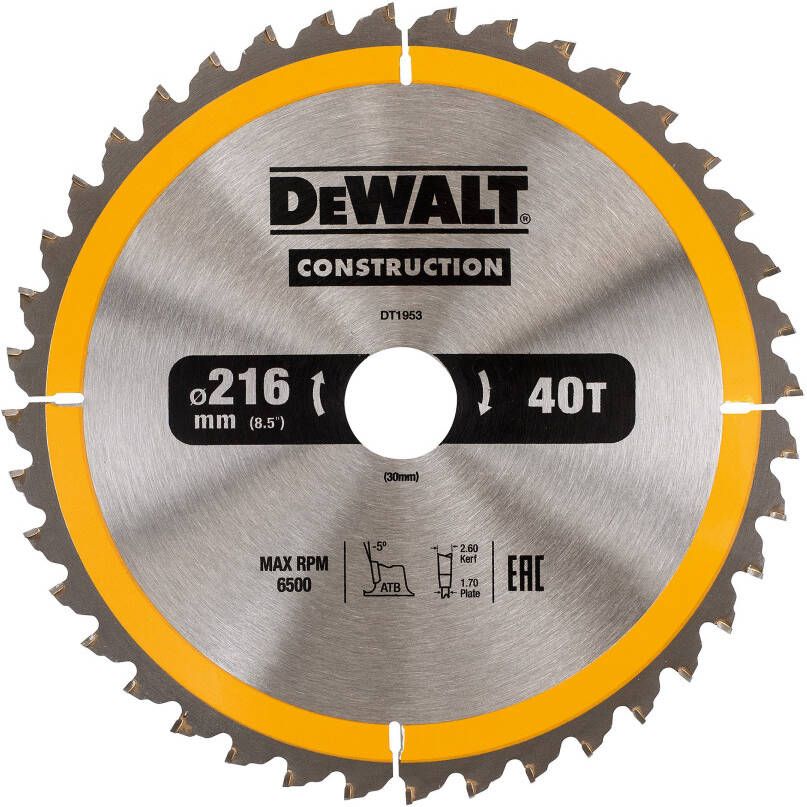 DeWalt Accessoires Cirkelzaagblad 216x30x40t negatief 5° kerf 2 6mm DT1953-QZ