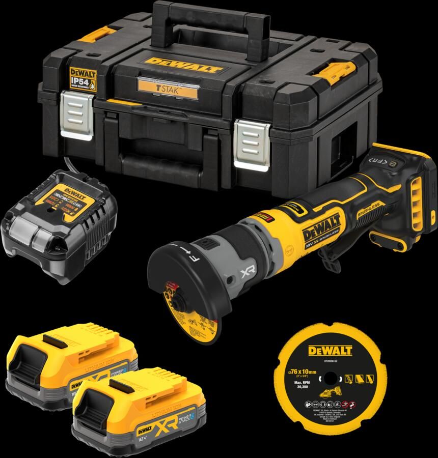 DeWalt DCG430E2T-QW 18V XR COMPACT BL doorslijpmachine 76mm | 2x 1.7Ah 18V XR POWERSTACK accu's + lader | in TSTAK koffer DCG430E2T-QW