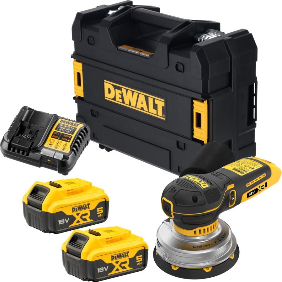 DeWalt DCW211P2-QW 18V XR BL Excentrische Schuurmachine 125mm | 2x 5.0Ah 18V XR accu's + lader DCW211P2-QW