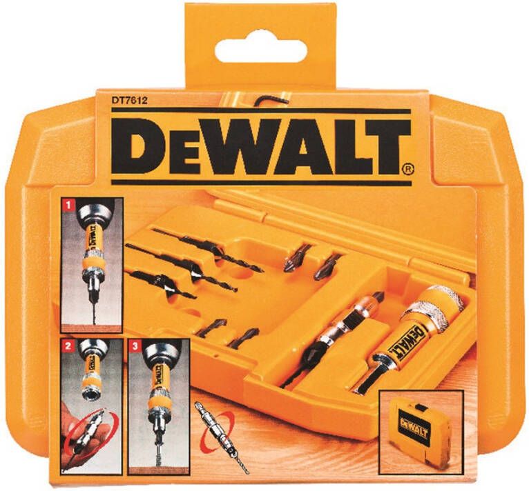 DeWalt Accessoires Tough Case 10-delig Flip drive met snelkoppeling voorboren maten Ø6 8 10 12 met verzinkboor 3 x Pz2 en 2 x Ph2 schroefbits