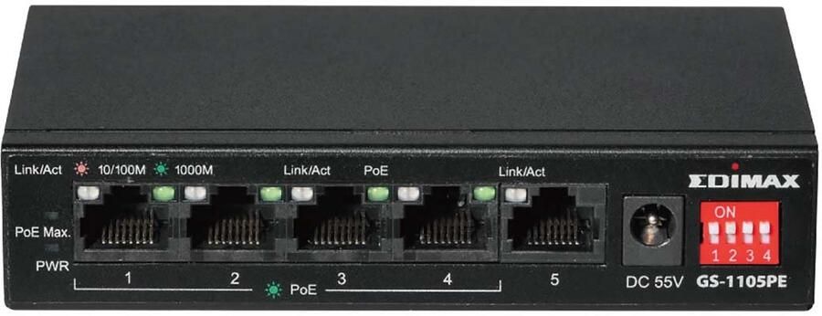 Edimax 5-poorts Gigabit PoE+ schakelaar met lange reikwijdte 4 PoE+ poorten en DIP-schakelaar GS-1105PE