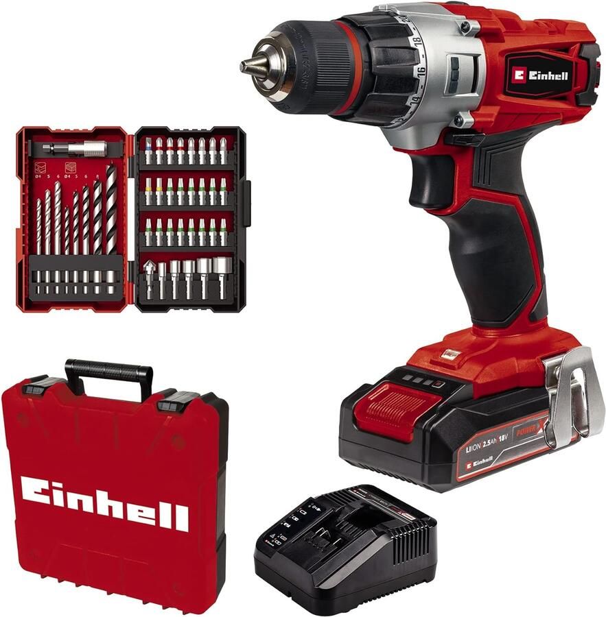 Einhell TE-CD 18 2 Li Accu Boormachine | 18 V | 44 Nm | Incl. 39 delige bit-en borenset + 1 x 2 5Ah accu + lader | In koffer 4514219