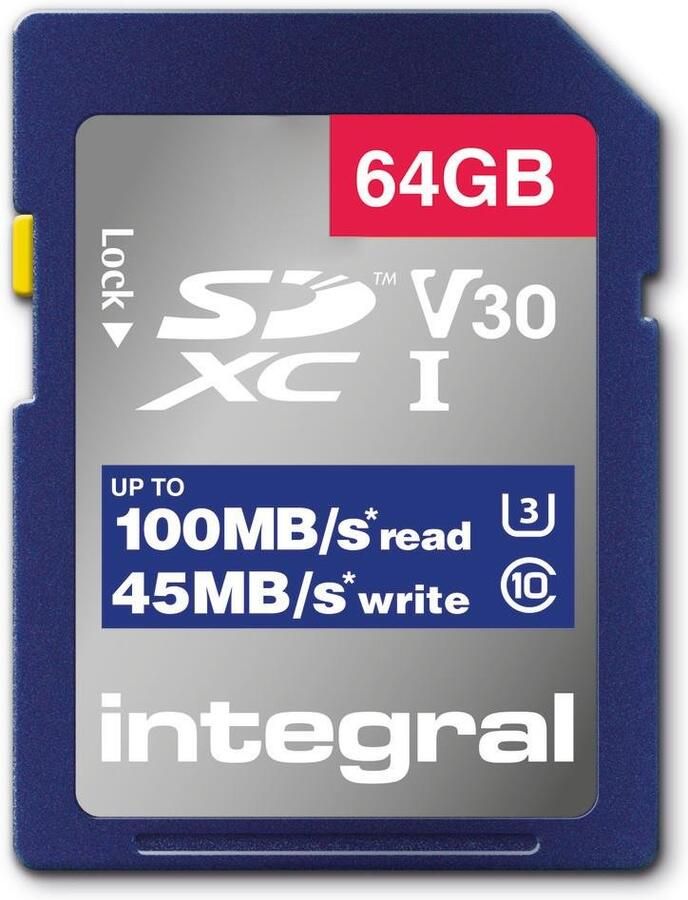 Integral High Speed SDHC XC V30 UHS-I U3 64GB SD Geheugenkaart | 1 stuks INSDX64G1V30