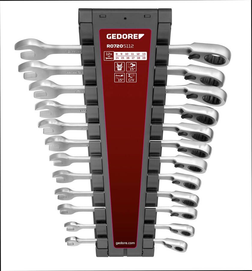 Gedore Ringratel-steeksleutelset | Met klemfunctie | 8-19 mm | 12-delig 3301085