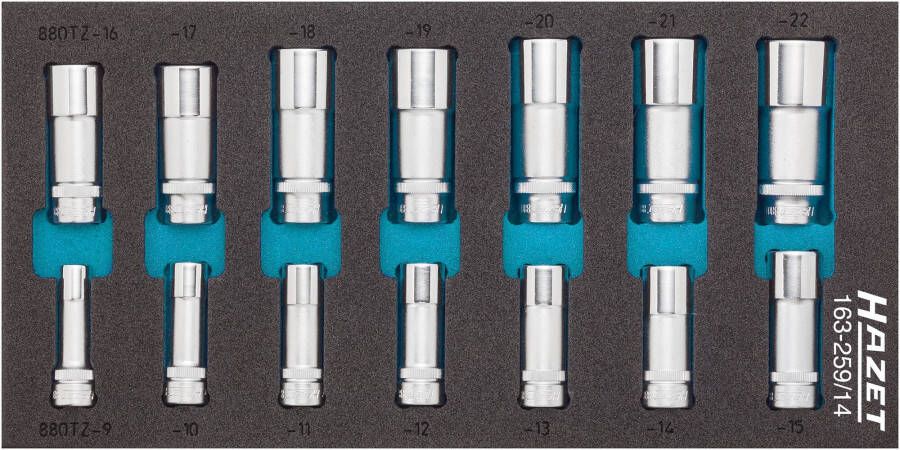 Hazet Dopsleutelset 163-259 14 · 3 8 inch (10 mm) vierkant hol · Buitentwaalfkant tractieprofiel · 14-delig · 9 22